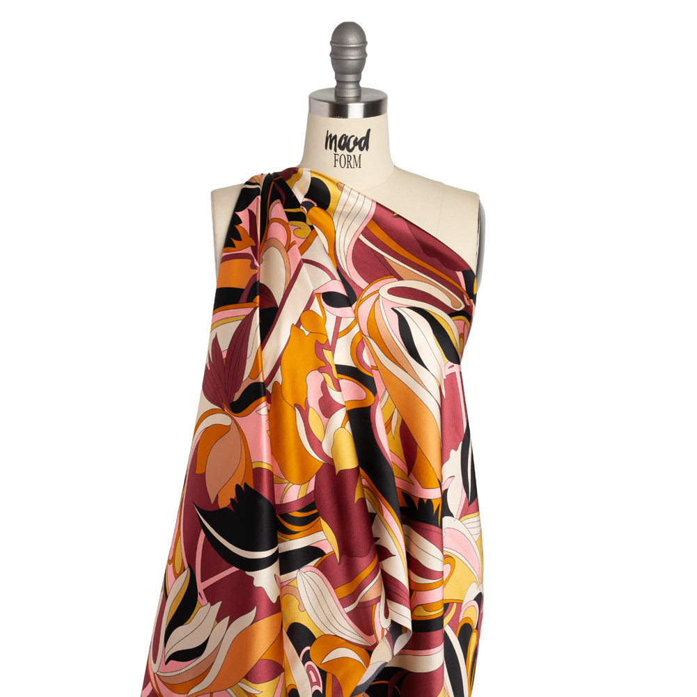 Silk Charmeuse Print - Russet Brown, Orange and Peach Retro Floral Swirl - Made in Italy - Joann Fabrics