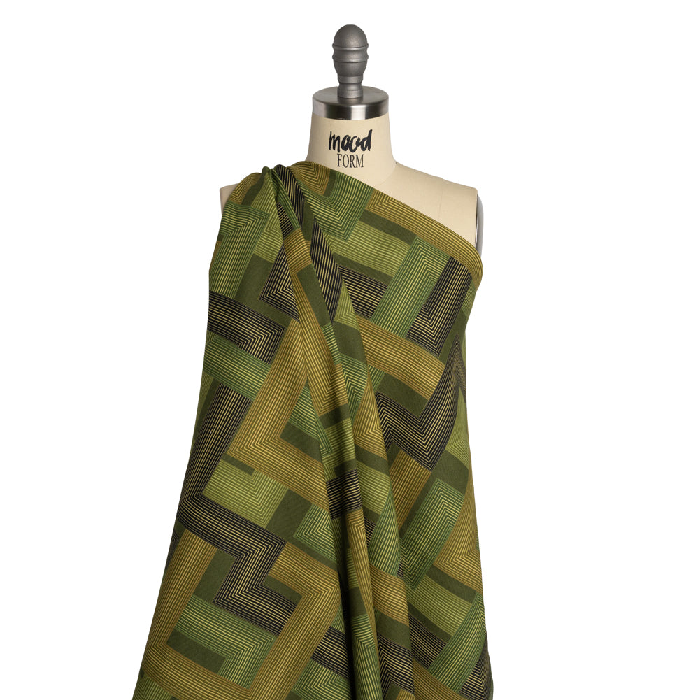 Linen and Rayon Woven - Olive and Hunter Green Geometric Lines - Hedge Maze Print - Mood Exclusive Acadia Collection - Joann Fabrics