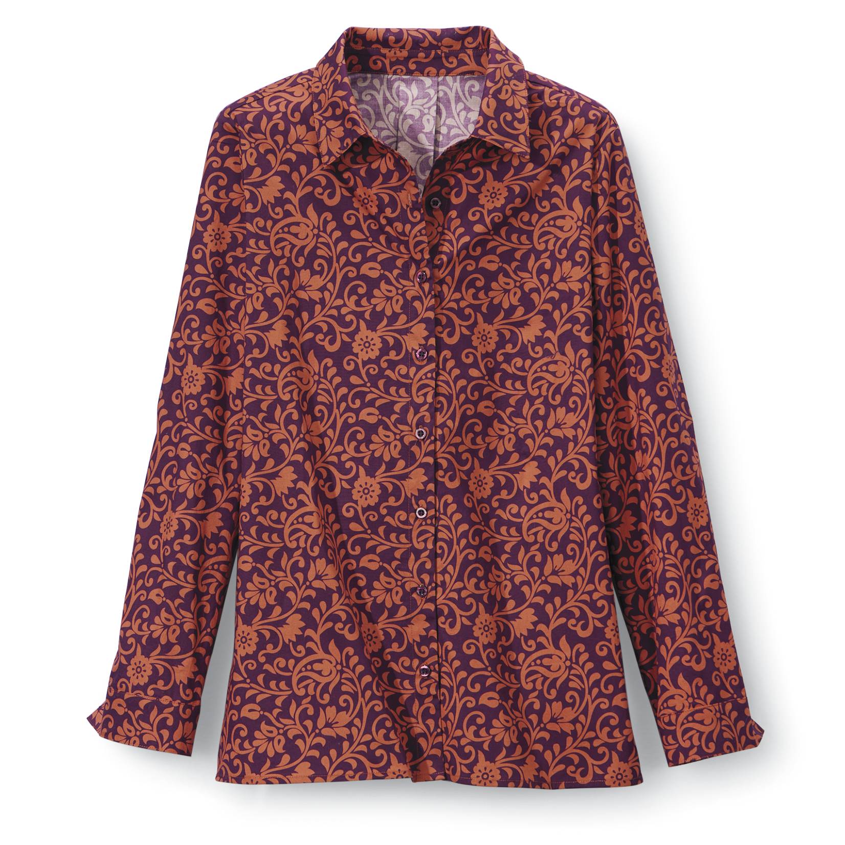 Tonal Print Tunic, Long Sleeve, Button-Front, Side Slits - Northstyle Catalog