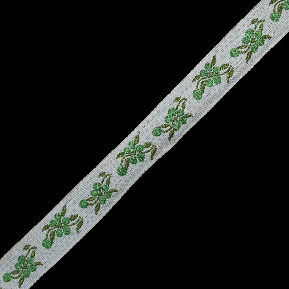 White and Green Floral Jacquard Ribbon - 0.625