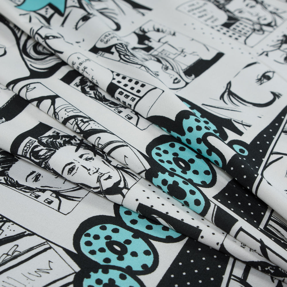 Stretch Cotton Sateen - Black and Aqua Comics - Alter-Ego Romance Print - Mood Exclusive Comic Collection - Joann Fabrics