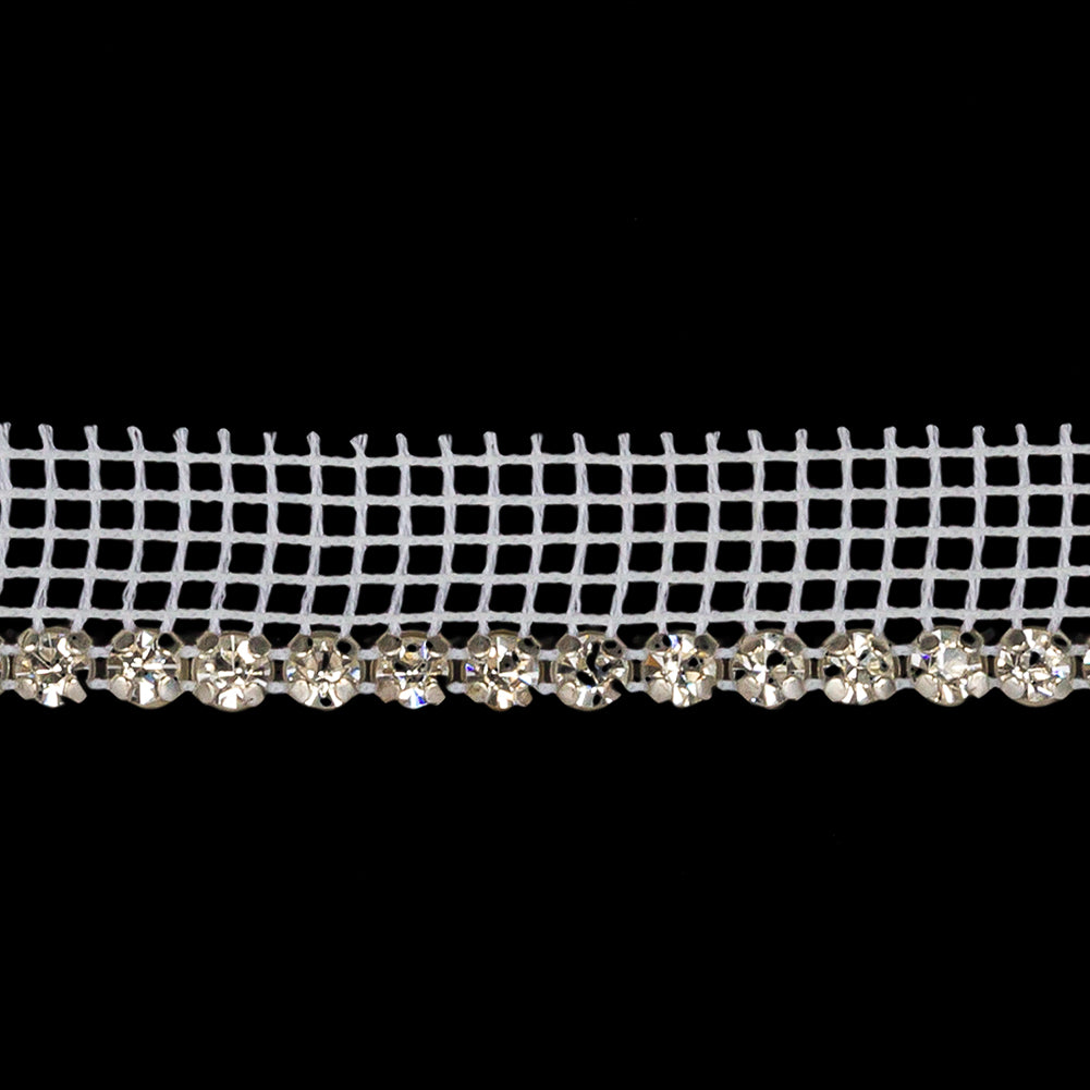 Vintage Czech Crystal and Silver 1 Row Circular Rhinestones on White Mesh Trimming - 0.5