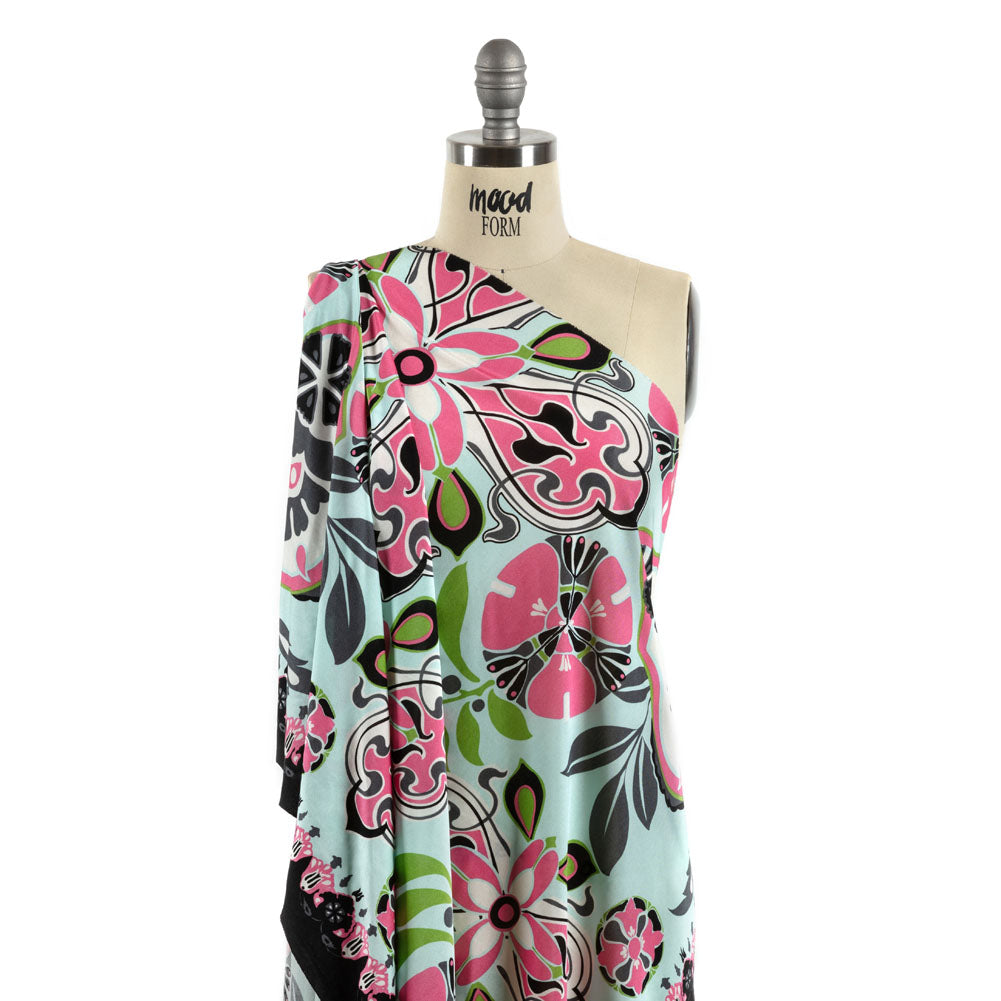 Aqua, Pink and Green Floral Flow Border Print Silk Jersey - Joann Fabrics