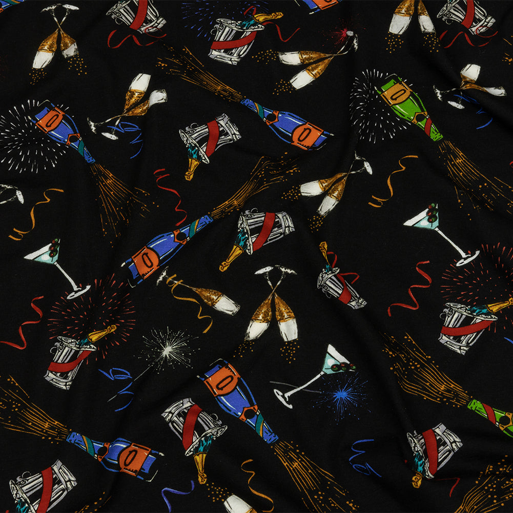 Balenciaga Italian Black, Blue and Gold Celebration Toast Stretch Cotton Jersey - Joann Fabrics