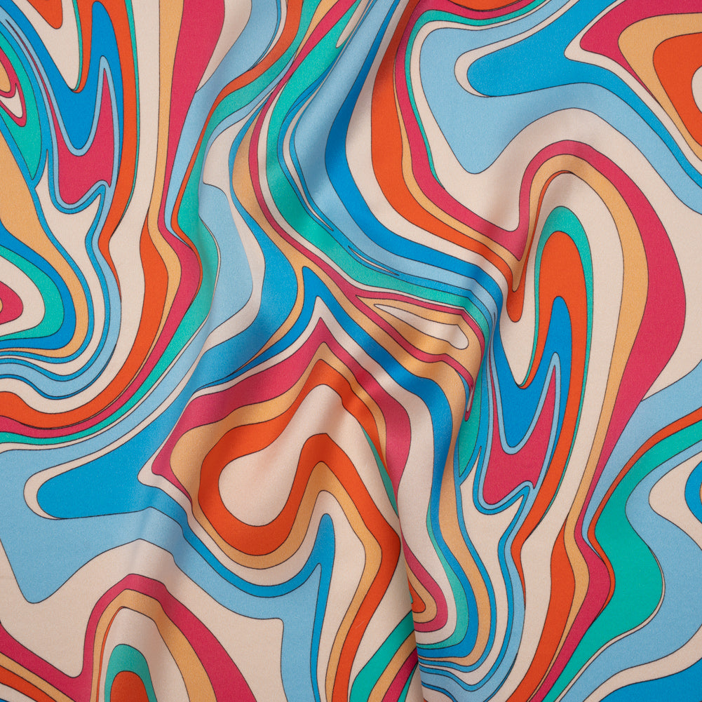 Silk Charmeuse Print 16MM, Made in Italy - Blue, Orange and Pink Retro Swirls - Joann Fabrics
