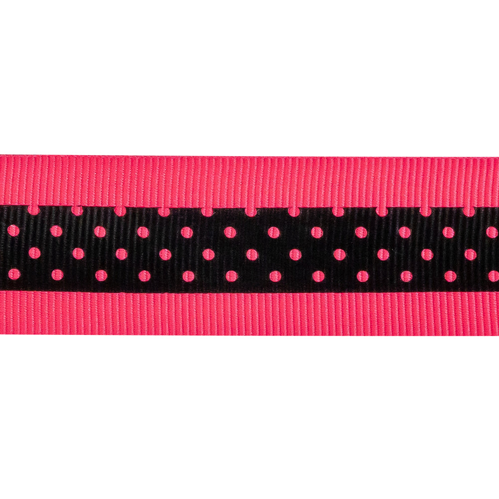 Italian Neon Pink and Black Polka Dot Striped Petersham Grosgrain Ribbon - 1