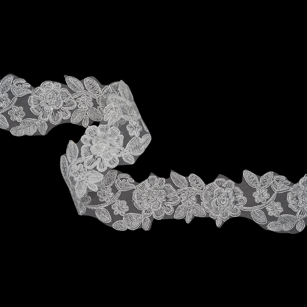 Yaya Han Metallic Corded Embroidered Lace Trim - Silver Fae Floral Vine, 2.5