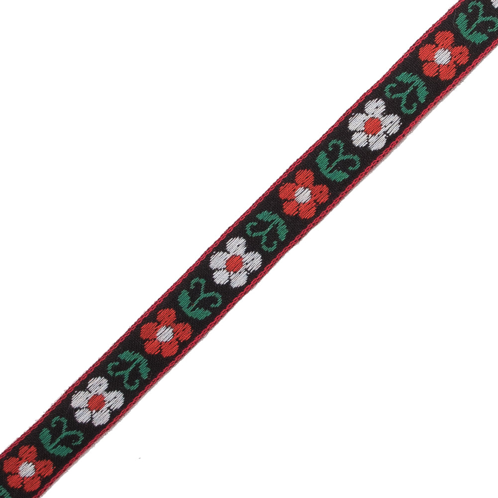 Red, Green and Black Floral German Jacquard Ribbon - 0.5