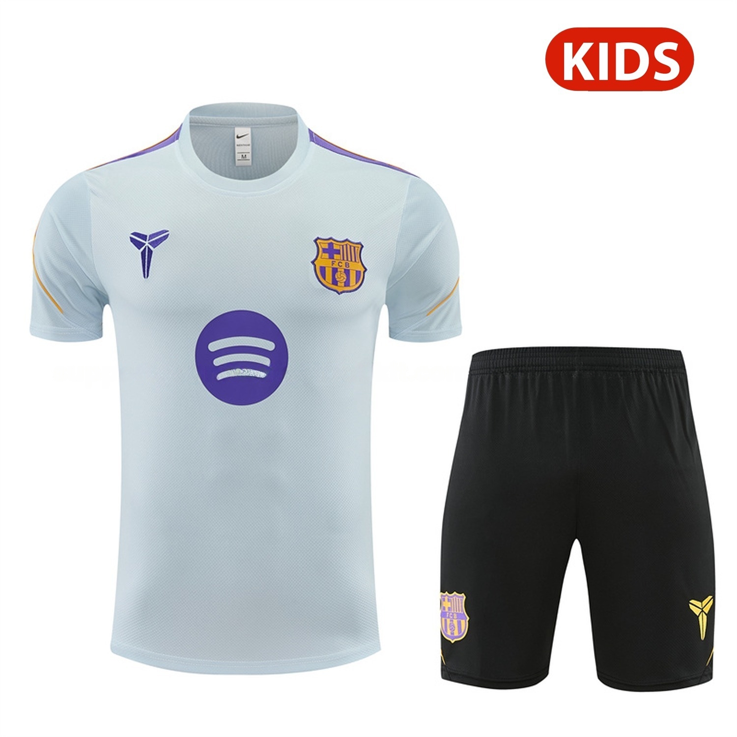 Barcelona 26-27 Kids Short-Sleeve Training Set - Light Grey Top & Black Shorts - UnitedFutballJersey