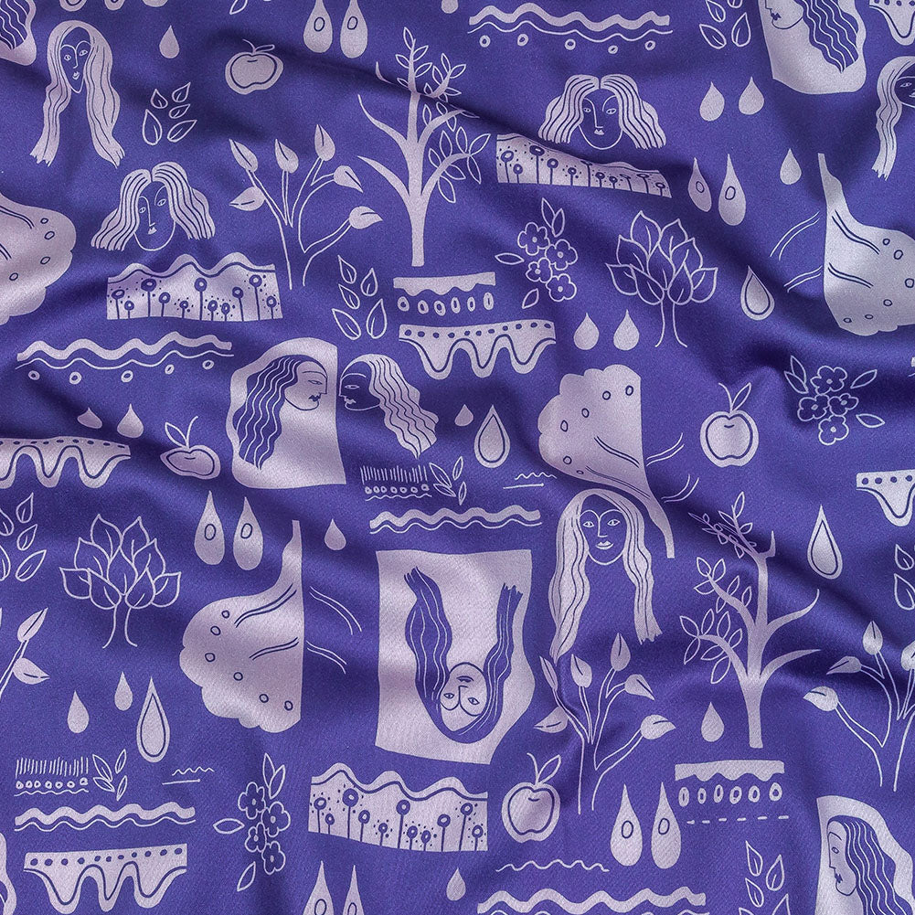 Stretch Cotton Sateen - Purple Illustrative Symbols - Indigo For It Print - Mood Exclusive Indigo Collection - Joann Fabrics