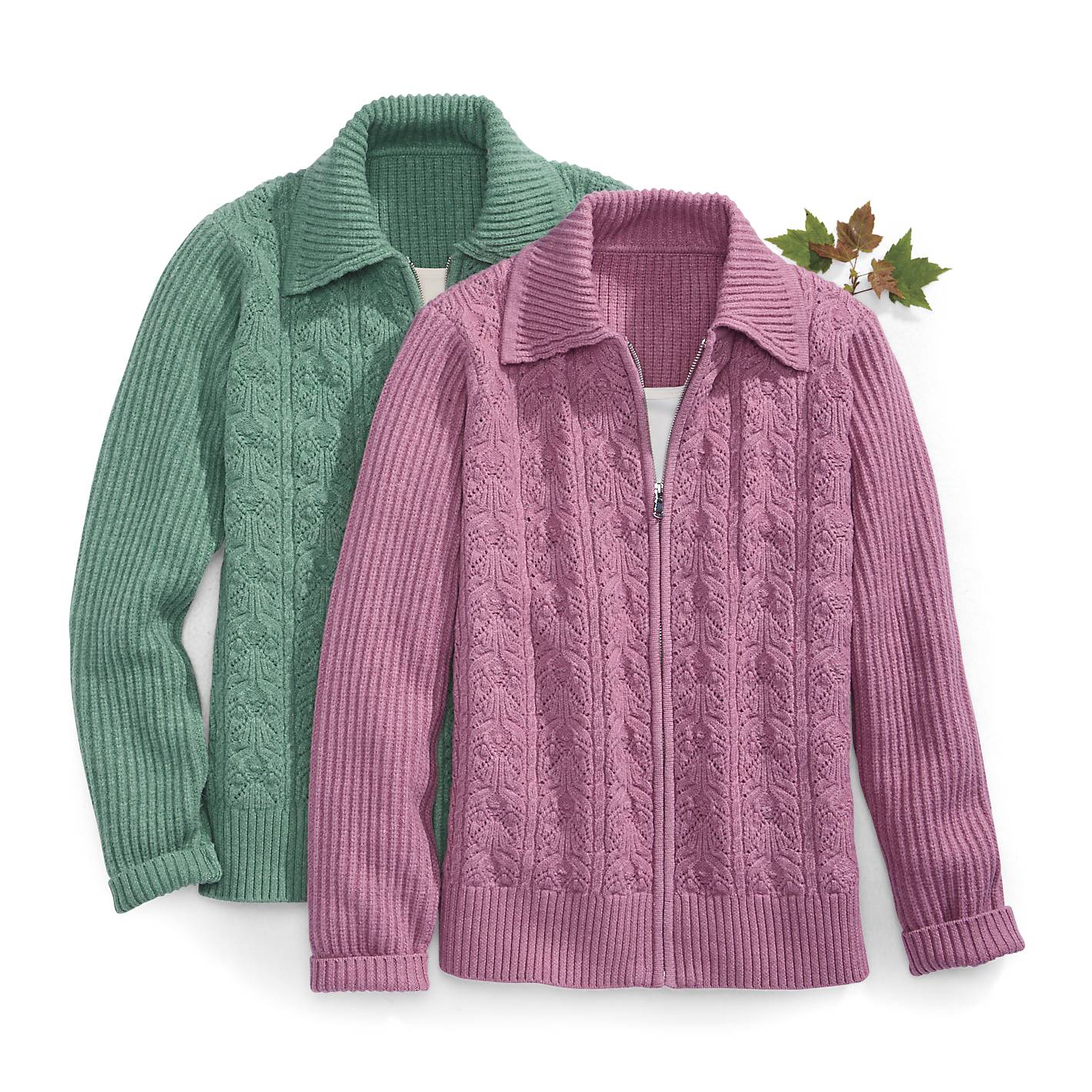 Pointelle Zip-Front Cardigan, Wide-Rib Collar, Sleeves & Back - Northstyle Catalog