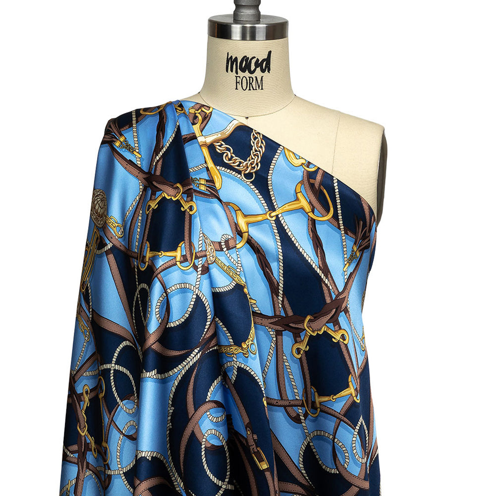 Mood Exclusive Italian Blue, Brown and Gold Bridles and Reins Silk Charmeuse Panel - Joann Fabrics