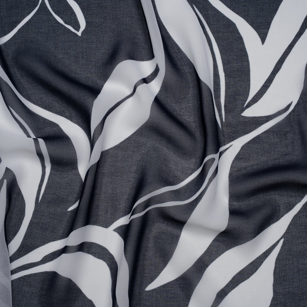Polyester Chiffon Print - Navy Blue and White Flowing Leaves - Designer Deadstock - Joann Fabrics