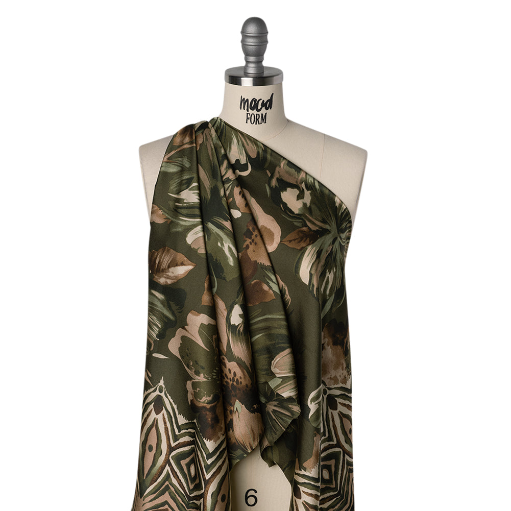 Polyester Charmeuse Print - Dark Olive, Brown and Beige Floral with Abstract Borders - Designer Deadstock - Joann Fabrics