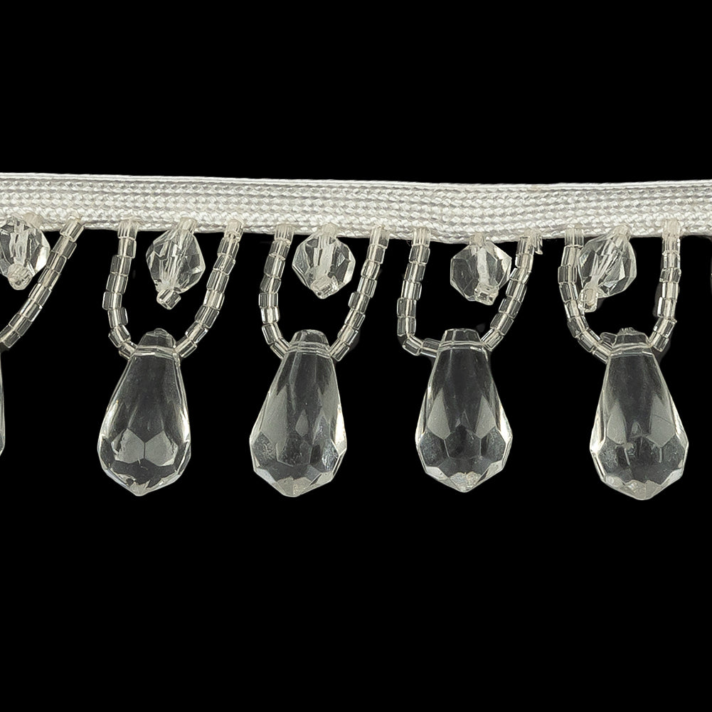 Vintage White and Crystal Teardrops and Seed Beaded Fringe Trim - 1.375