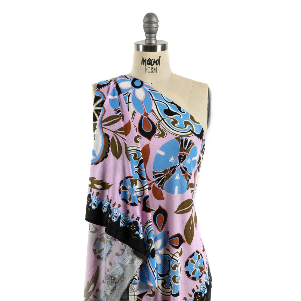 Orchid, Sky and Cinnamon Floral Flow Border Print Silk Jersey - Joann Fabrics