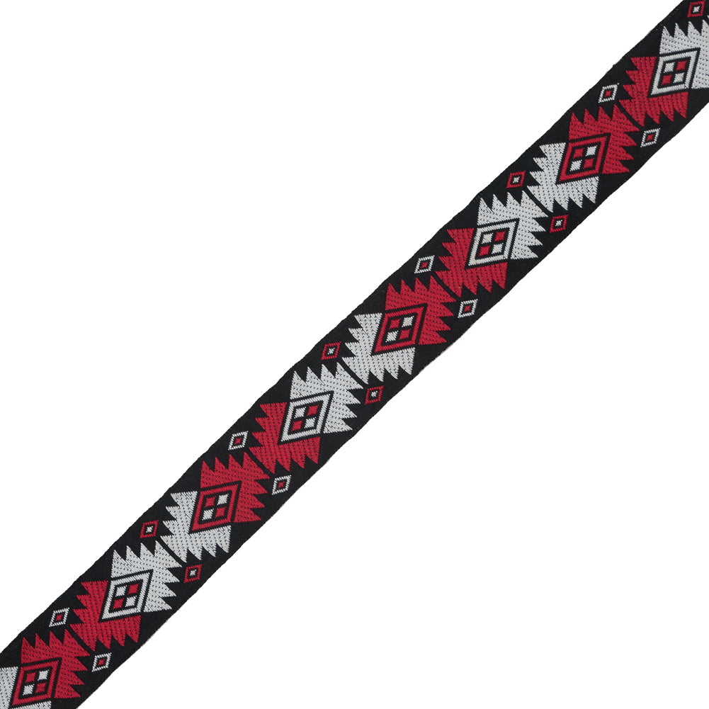 Black, Red and White Geometric German Jacquard Ribbon - 1