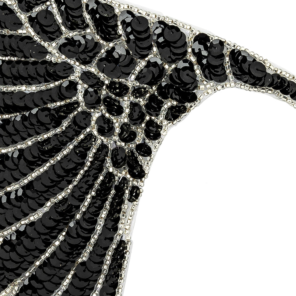Vintage Fancy Black Sequins and Silver-lined Beaded Fan Applique - 6.25