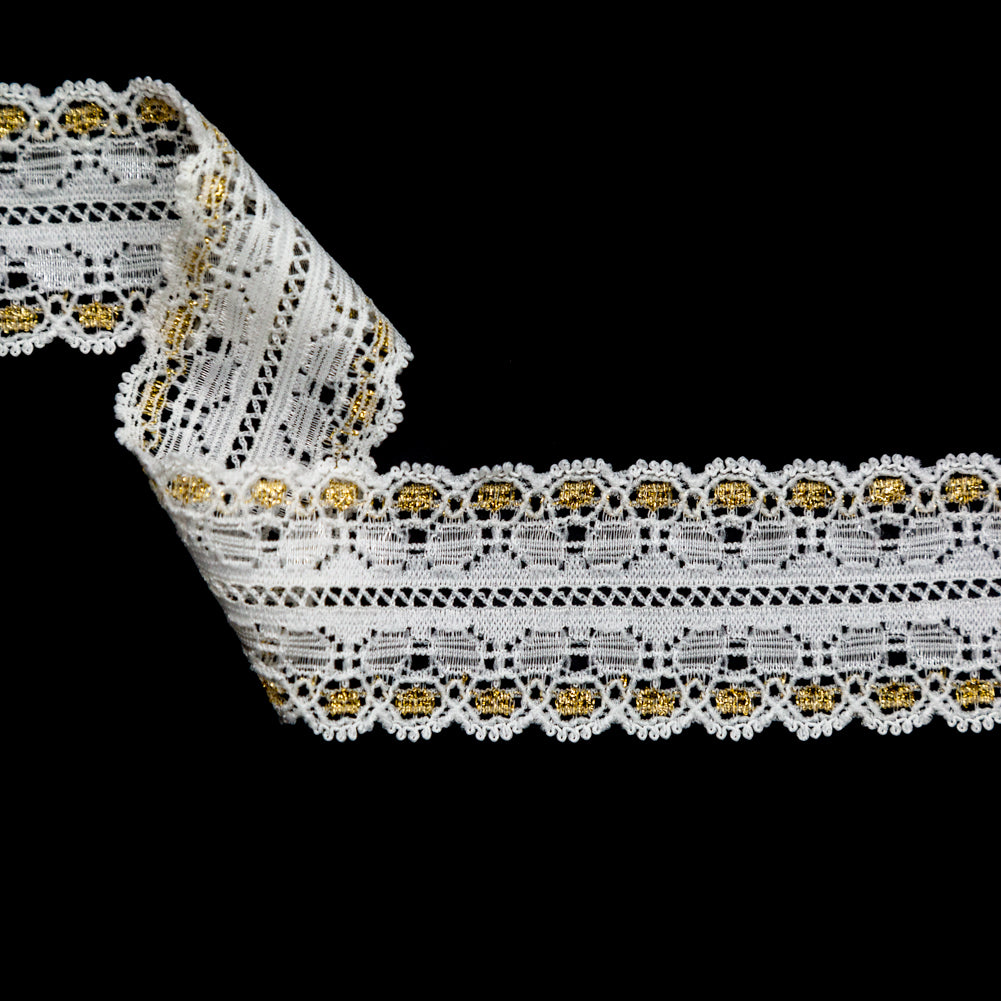 European White and Metallic Gold Stretch Lace Trim with Double Scalloped Edges - 1.125