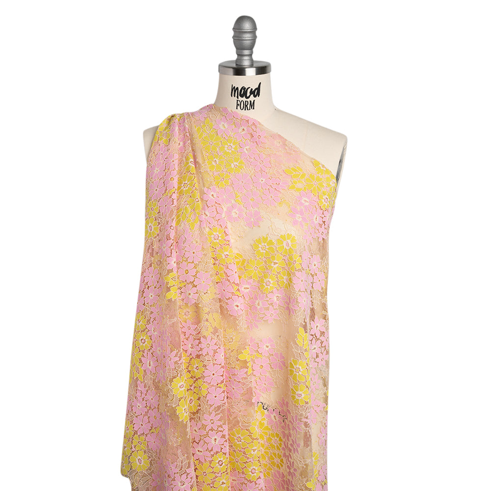 Raschel Lace Panel with Organic Finished Edges - Prism Pink, Safety Yellow and Soft Pink Daisy Bunches - Joann Fabrics
