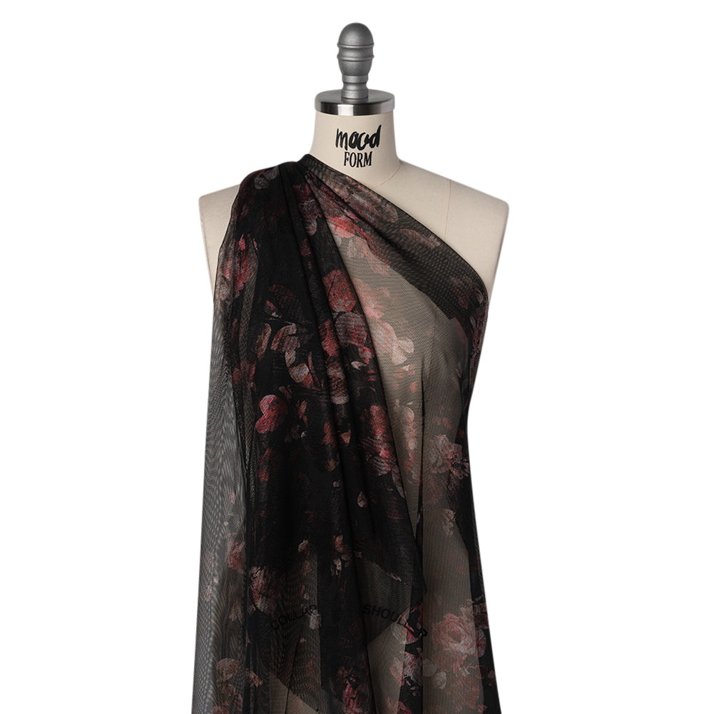 Metallic Foiled Stretch Polyester Mesh - Red and Black Floral - Designer Deadstock - Joann Fabrics