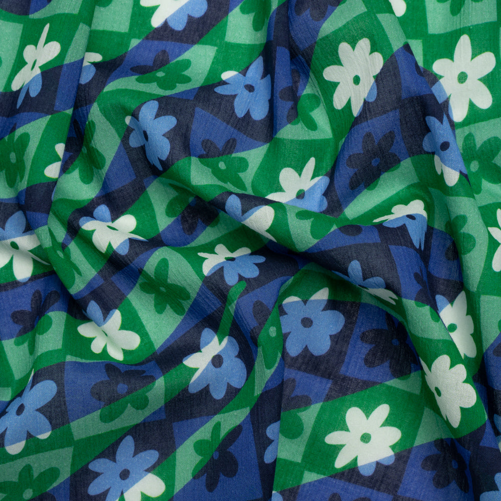 Crinkled Cotton Gauzy Woven Print - Green and Blue Flowers and Swirls on Checks - Mood Exclusive Gardener's Game - Joann Fabrics