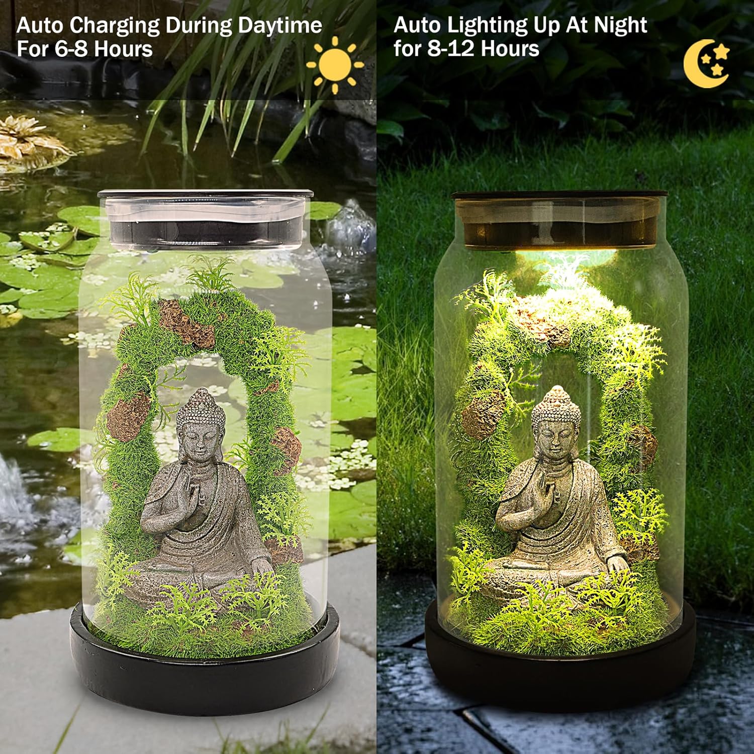 Solar Buddha Statue Zen 9.8'' in Glass Jar and Solar Garden Lights ...