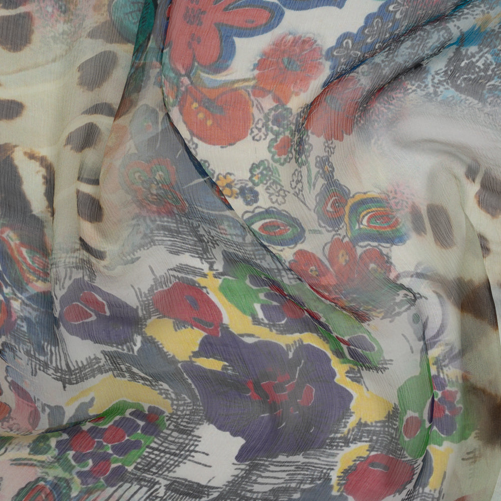 Crinkled Silk Chiffon Print - White, Pink and Yellow Floral - Deadstock - Joann Fabrics