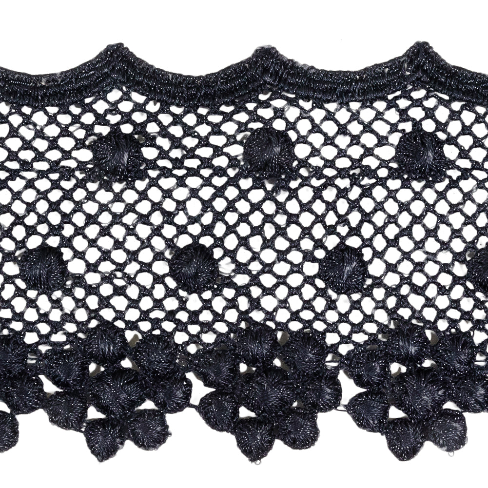 Navy Dimensional Flowers and Net Venise Lace Trim - 2.875