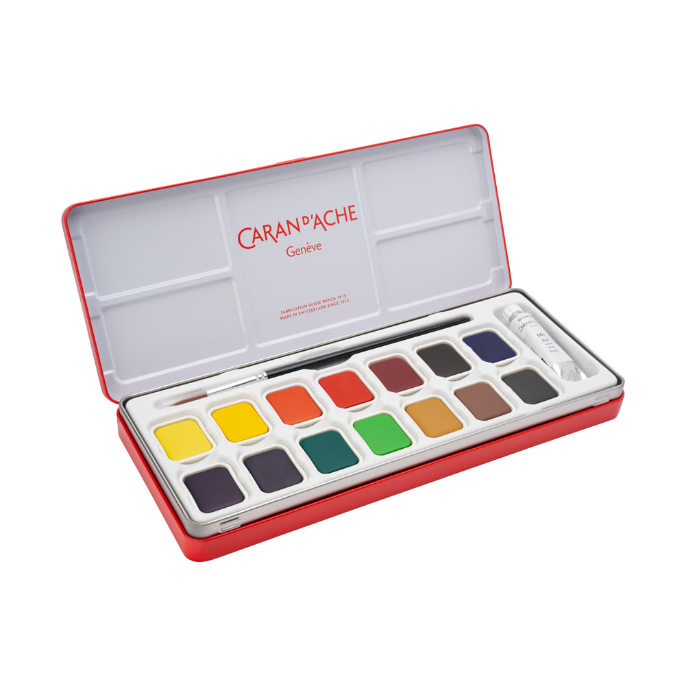 Caran d'Ache Gouache Studio Pan Set - 14 Pans with White Tube - Includes Brush - Joann Fabrics