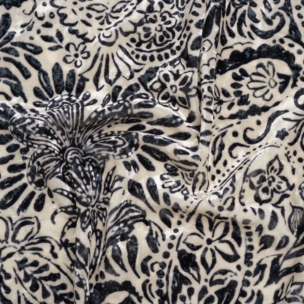 Stretch Polyester Velour Print - Ivory and Black Paisley Floral - Designer Deadstock - Joann Fabrics