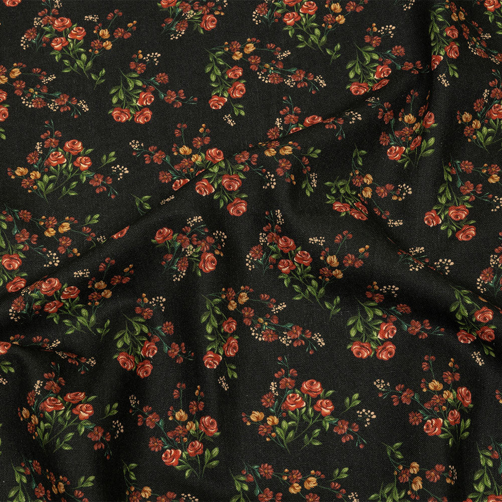 Linen and Rayon Woven - Black and Pink Floral - Mason Jar Bouquet Print - Mood Exclusive Rockland Collection - Joann Fabrics