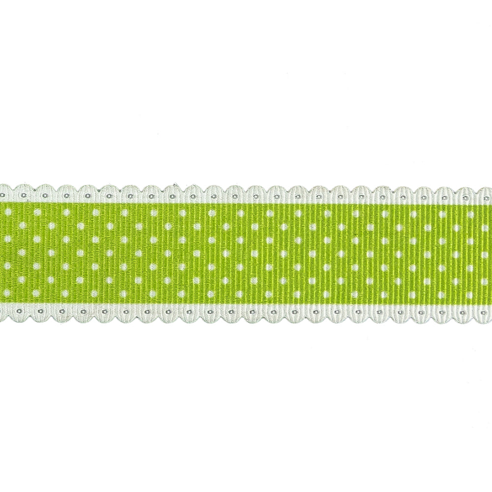 Lime Green and White Alyssum Scalloped Edge Polka Dot Grosgrain Ribbon - 1