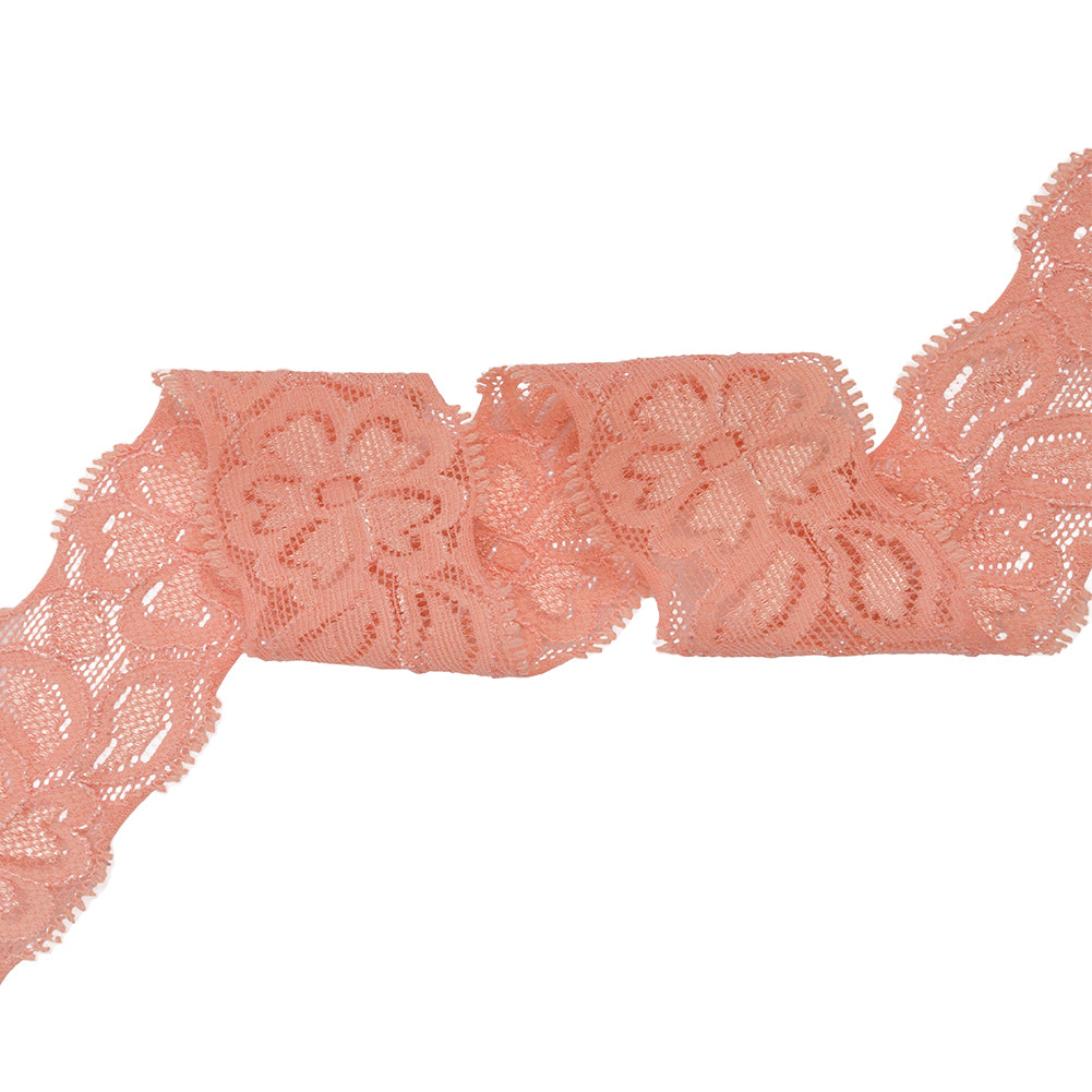 Famous NYC Designer Salmon Floral Stretch Re-Embroidered Lace Trim - 1.5