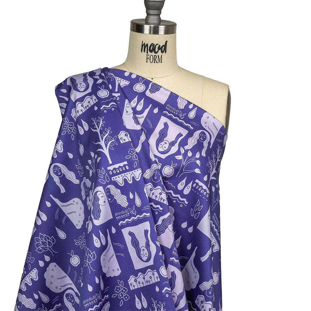 Stretch Cotton Sateen - Purple Illustrative Symbols - Indigo For It Print - Mood Exclusive Indigo Collection - Joann Fabrics