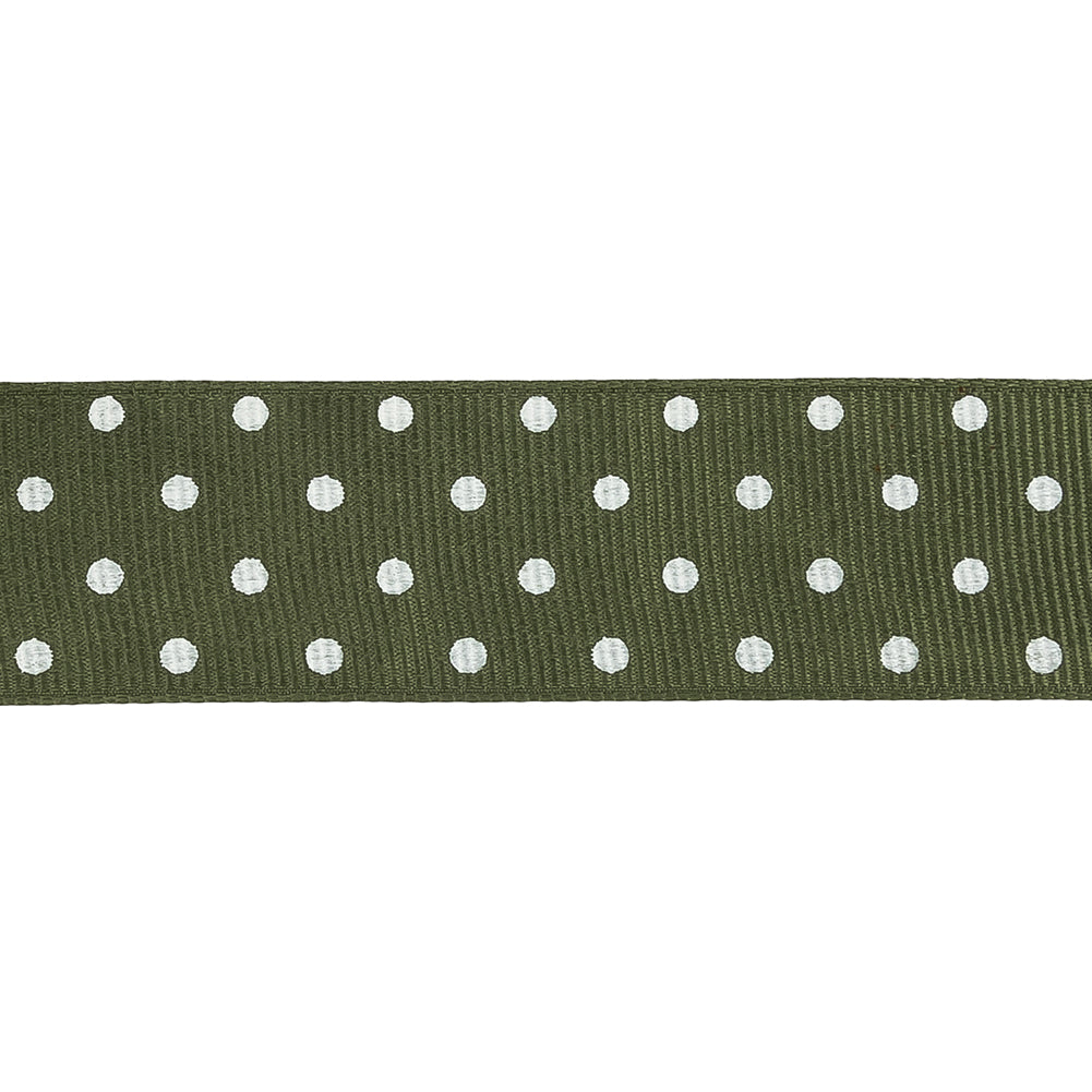 Pesto and White Polka Dots Grosgrain Ribbon - 1