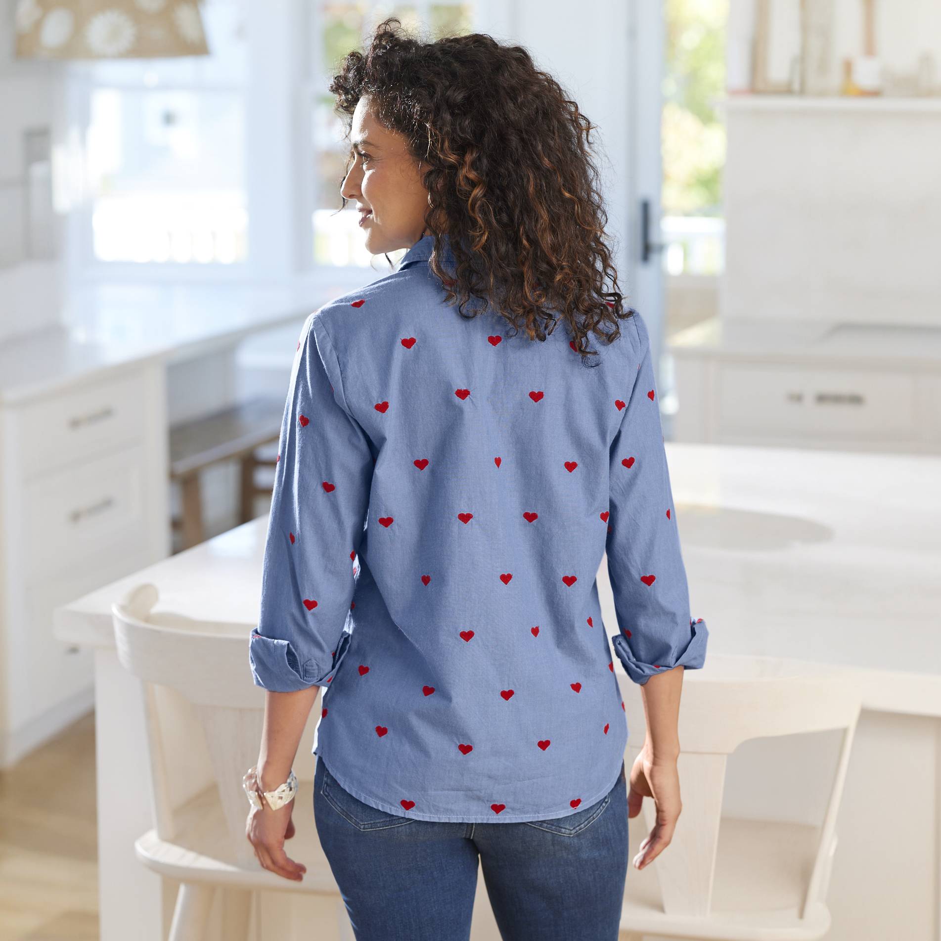 Tossed Heart Embroidered Cotton Shirt, Collared Button Front, Long Sleeves - Northstyle Catalog