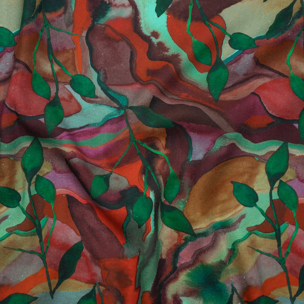 Linen and Rayon Woven - Wine Red and Green Painted Flowers and Leaves - Mood Exclusive Watercolor Wetland Print - Joann Fabrics