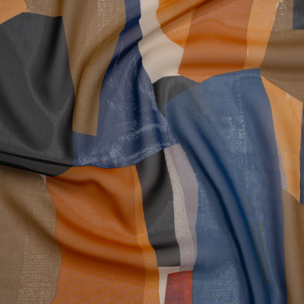 Polyester Chiffon Print - Dark Blue, Burnt Orange and Tan Abstract - Designer Deadstock - Joann Fabrics