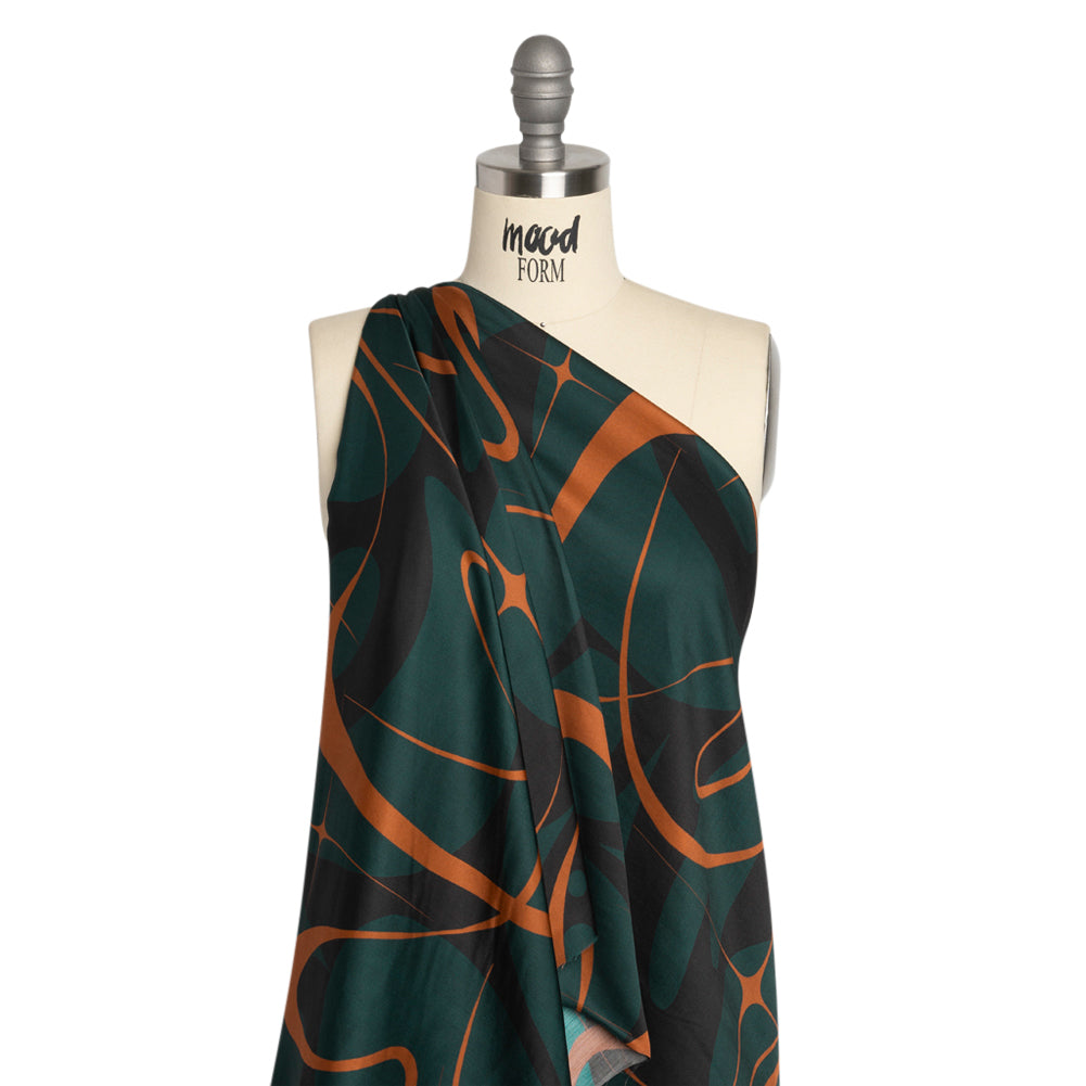 Sustainable and Recycled Viscose Satin Print - Forest Green and Orange Swirling Abstract - Mood Exclusive Atmospheric Adventure - Joann Fabrics