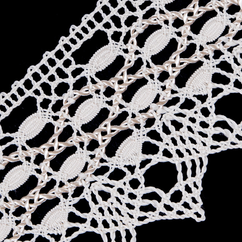 European Ivory Scalloped Crochet Lace Trim with Satin Ribbon Detail - 2
