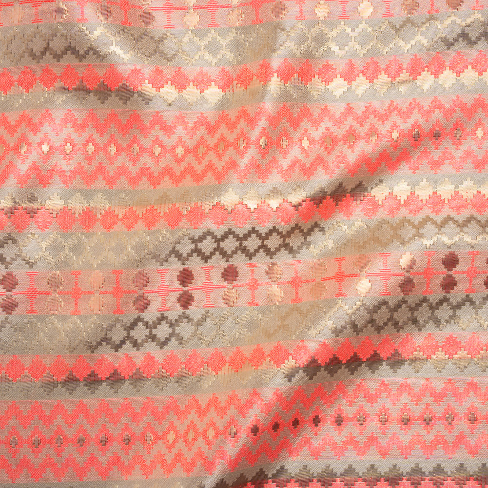 Metallic Polyester Brocade - Neon Coral, Gold and White Geometric Stripes - Deadstock - Joann Fabrics