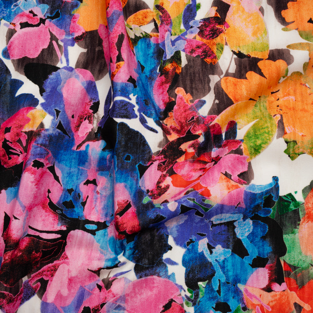 Brushed Cotton Woven - Pink, Blue and Orange Striated Painted Flowers - Mood Exclusive Painter’s Bouquet Print - Joann Fabrics