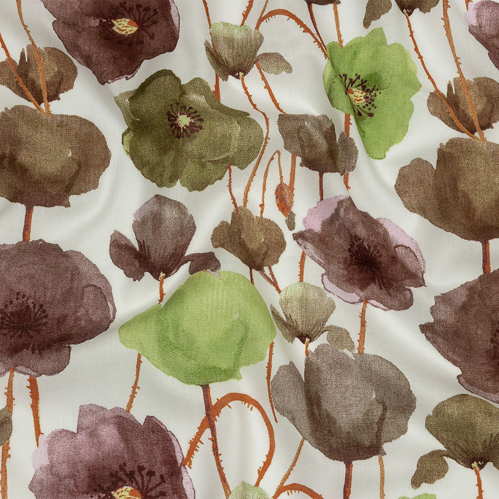 Lime, Burgundy and Orange Painterly Blooms Cotton Lawn - Joann Fabrics