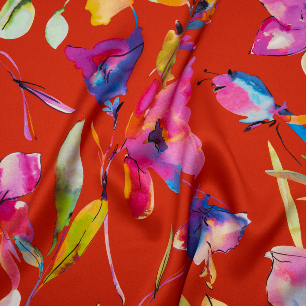 Silk Charmeuse Print 16MM, Made in Italy - Red and Rainbow Illustrated Watercolor Flowers - Joann Fabrics