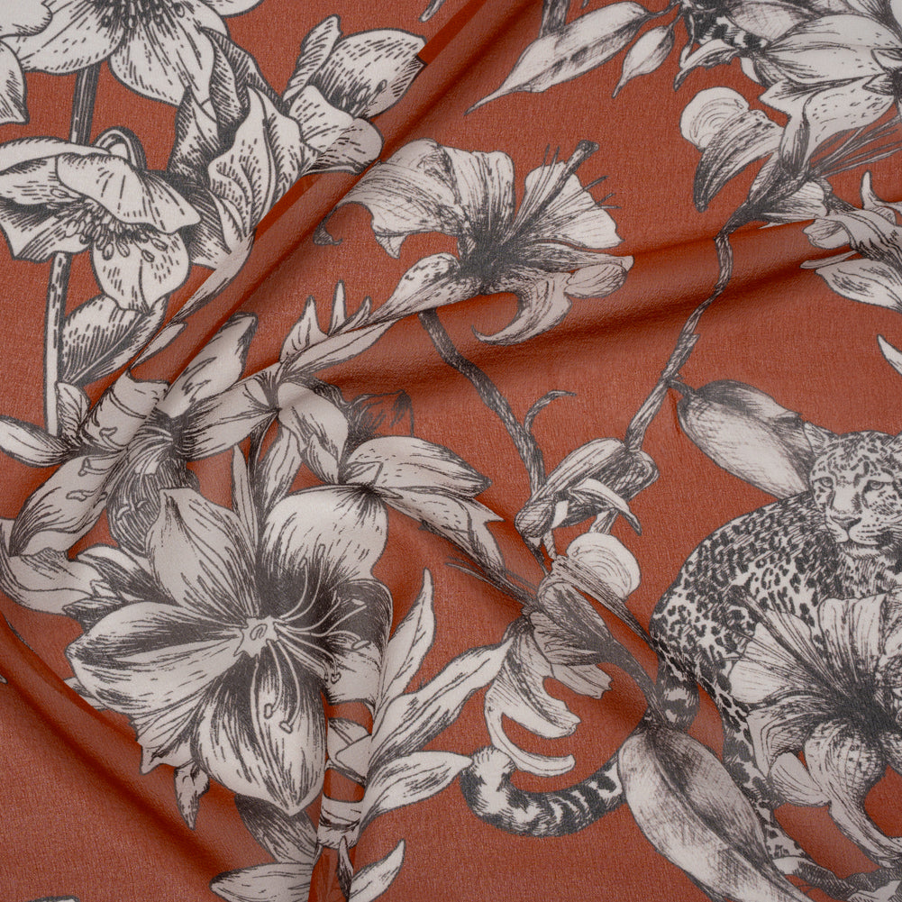 Silk Chiffon Print Made in Italy - Terracotta Brown, Black and Light Gray Flowers and Jungle Cats - Deadstock - Joann Fabrics