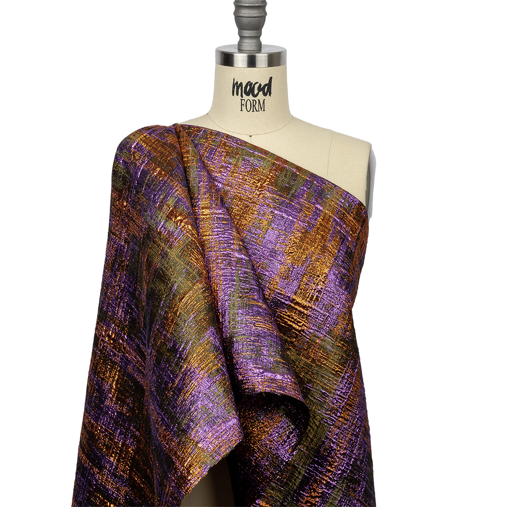 Metallic Olive, Purple and Pumpkin Distressed Plaid Luxury Brocade - Joann Fabrics
