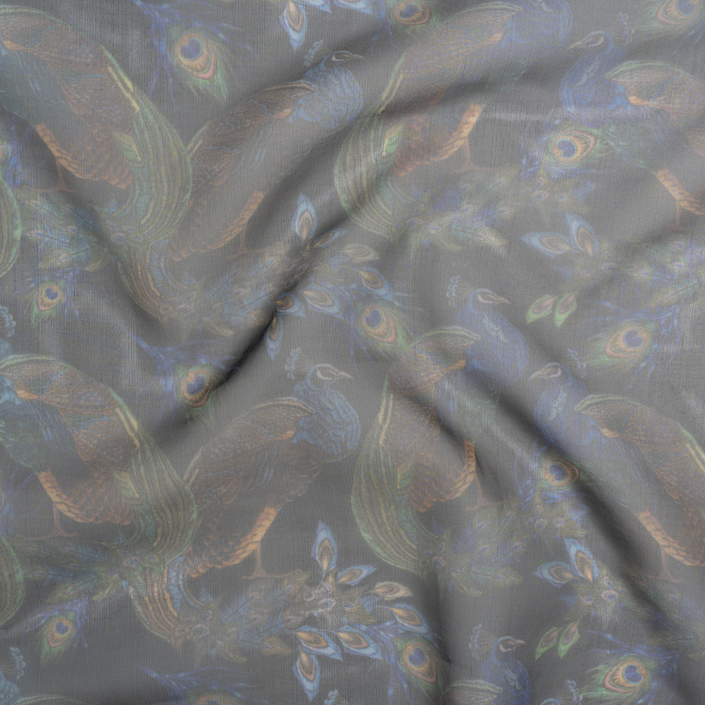 Polyester and Viscose Organza - Blue and Green Peacocks on Black - Joann Fabrics