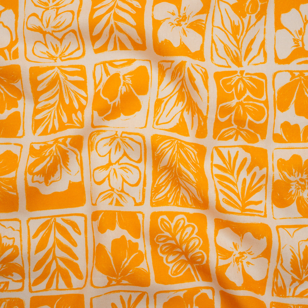 Linen and Rayon Woven - Sunshine Yellow and Cream Leaf and Flower Blocks - Mood Exclusive Terrarium Tendrils Print - Joann Fabrics