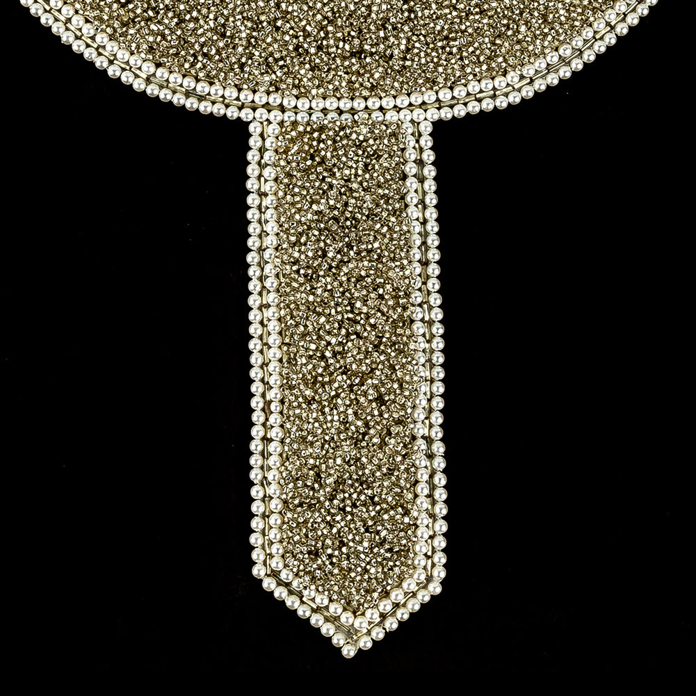 Vintage Fancy Pearl Bordered Silver-lined Beaded Neckline Applique - 14